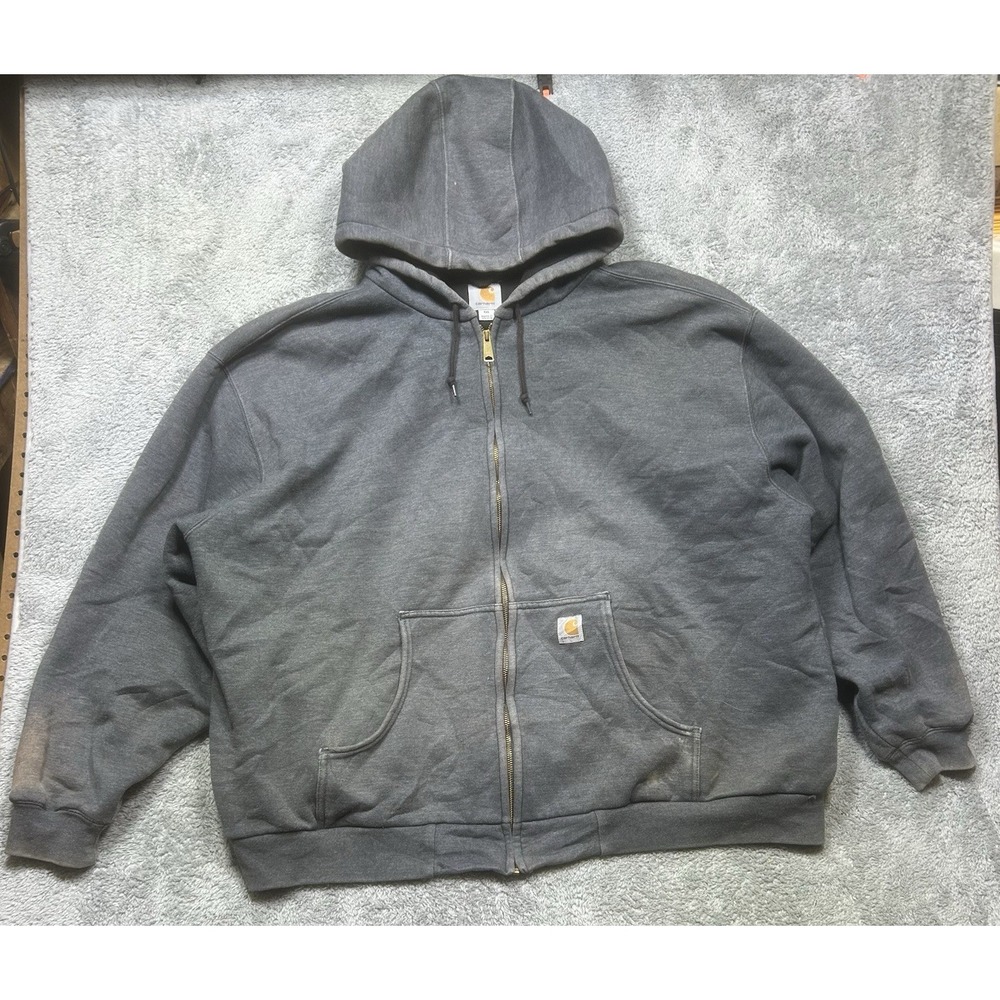 Vintage Carhartt Hoodie Mens 4XL GrayThermal Lined Full Zip Faded J149 *SPOTS